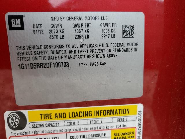 1G11D5RR2DF100703 - 2013 CHEVROLET MALIBU 1LT 红色 照片 13