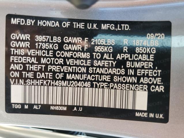 SHHFK7H49MU204046 - 2021 HONDA CIVIC SPORT 银色 照片 12