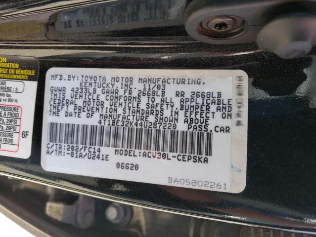 4T1BE32K44U287220 - 2004 TOYOTA CAMRY LE BLACK photo 12