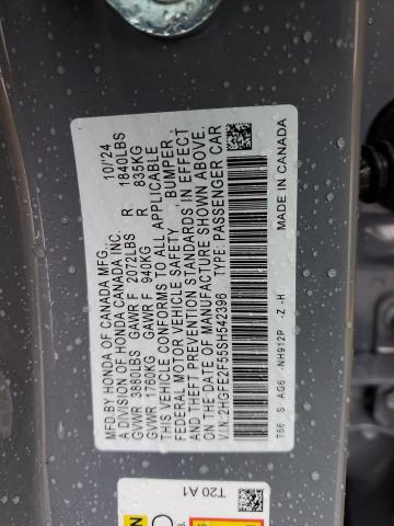 2HGFE2F55SH542396 - 2025 HONDA CIVIC SPORT ნაცრისფერი ფოტო 12