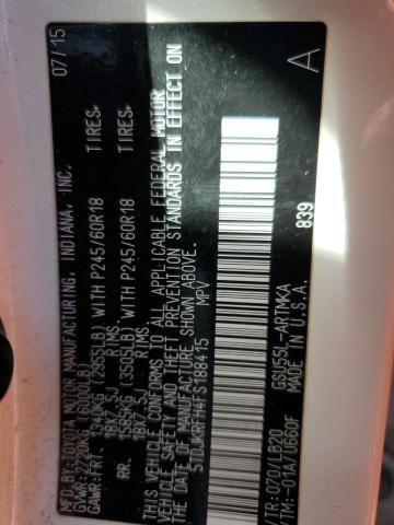 5TDJKRFH4FS188415 - 2015 TOYOTA HIGHLANDER XLE 白色 照片 13