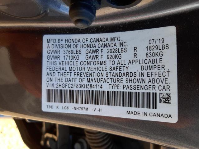 2HGFC2F83KH584114 - 2019 HONDA CIVIC SPORT 灰色 照片 10