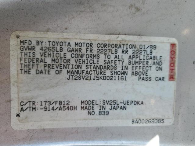 JT2SV21J5K0021161 - 1989 TOYOTA CAMRY DLX SILVER photo 12