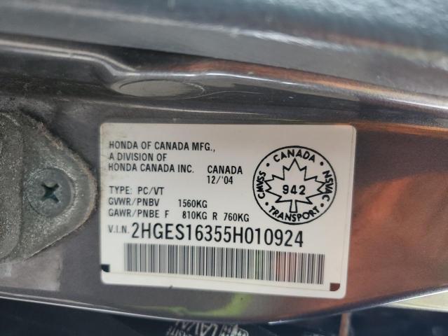 2HGES16355H010924 - 2005 HONDA CIVIC DX VP Մոխրագույն լուսանկար 12