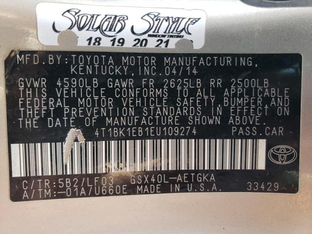 4T1BK1EB1EU109274 - 2014 TOYOTA AVALON BASE 金色 照片 12