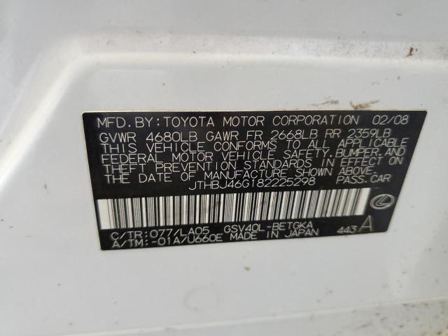 JTHBJ46G182225298 - 2008 LEXUS ES 350 WHITE photo 12