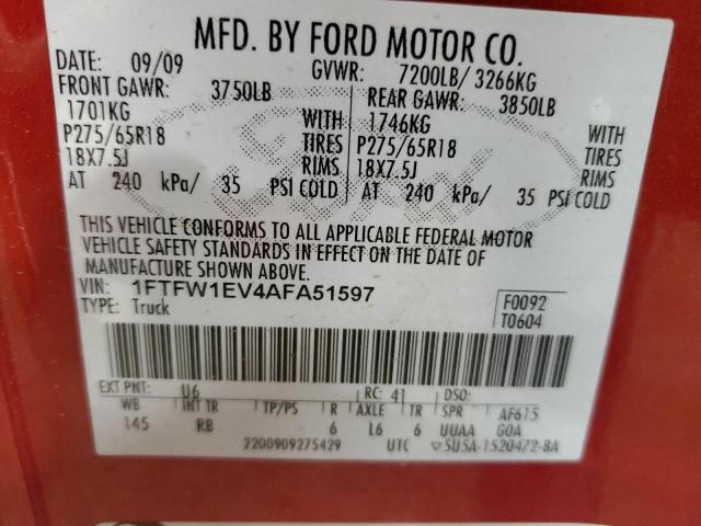 1FTFW1EV4AFA51597 - 2010 FORD F150 SUPERCREW RED photo 12