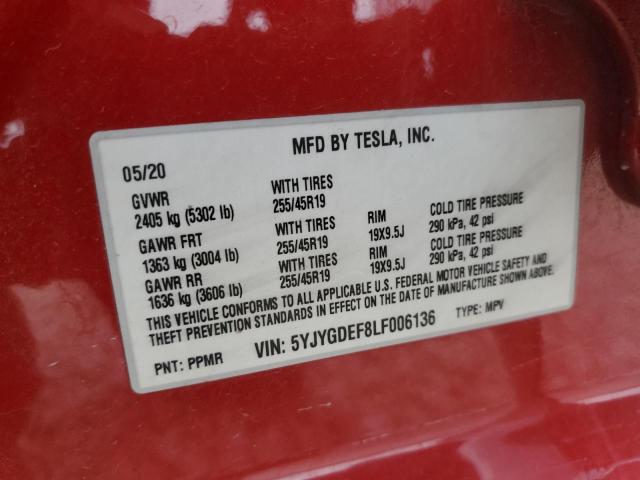 5YJYGDEF8LF006136 - 2020 TESLA MODEL Y RED photo 12