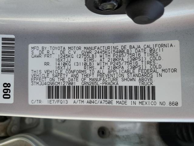 3TMJU4GN6CM127001 - 2012 TOYOTA TACOMA DOUBLE CAB PRERUNNER SILVER photo 12