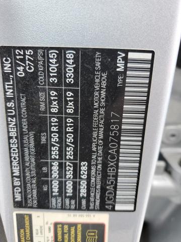 4JGDA5HBXCA075817 - 2012 MERCEDES-BENZ ML 350 4MATIC SILVER photo 13