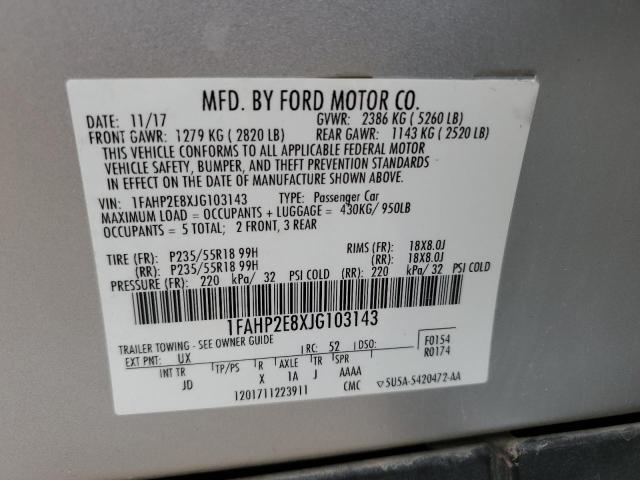 1FAHP2E8XJG103143 - 2018 FORD TAURUS SEL SILVER photo 13