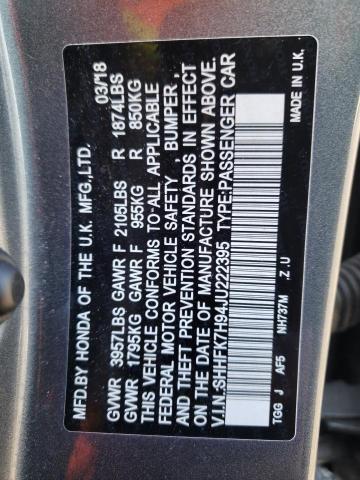 SHHFK7H94JU222395 - 2018 HONDA CIVIC SPORT TOURING GRAY photo 12