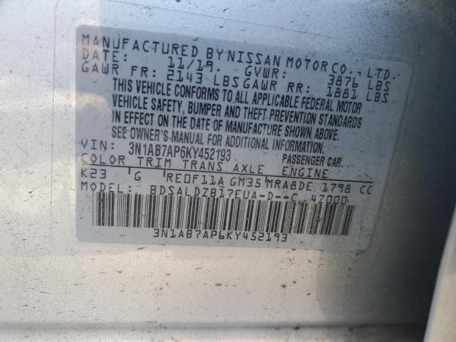 3N1AB7AP6KY452193 - 2019 NISSAN SENTRA S SILVER photo 12