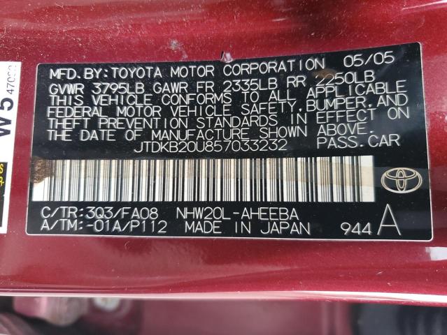 JTDKB20U857033232 - 2005 TOYOTA PRIUS MAROON photo 12