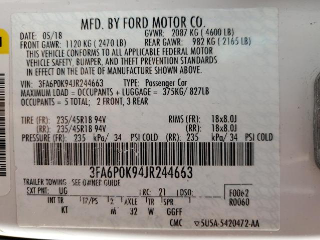 3FA6P0K94JR244663 - 2018 FORD FUSION TITANIUM/PLATINUM WHITE photo 13