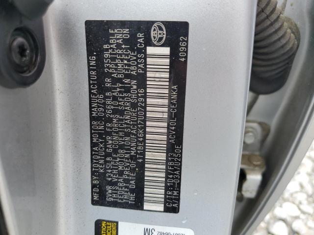 4T1BE46K17U072916 - 2007 TOYOTA CAMRY CE SILVER photo 12