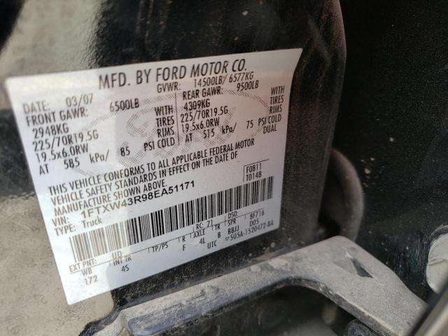 1FTXW43R98EA51171 - 2008 FORD F450 SUPER DUTY BLACK photo 10