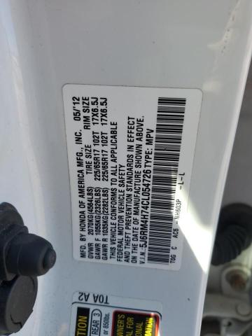5J6RM4H74CL054726 - 2012 HONDA CR-V EXL WHITE photo 14