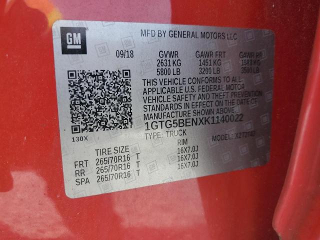 1GTG5BENXK1140022 - 2019 GMC CANYON RED photo 12