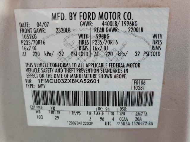 1FMCU03ZX8KA52601 - 2008 FORD ESCAPE XLT SILVER photo 13