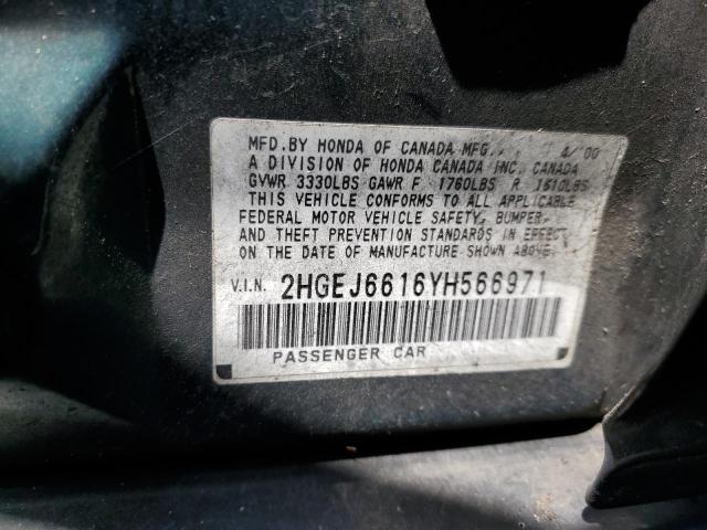 2HGEJ6616YH566971 - 2000 HONDA CIVIC BASE GREEN photo 12