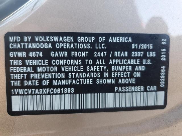 1VWCV7A3XFC061893 - 2015 VOLKSWAGEN PASSAT SEL TAN photo 12