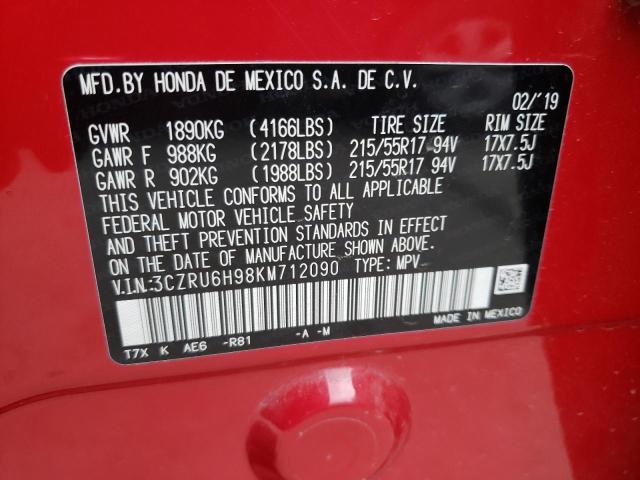 3CZRU6H98KM712090 - 2019 HONDA HR-V TOURING RED photo 12