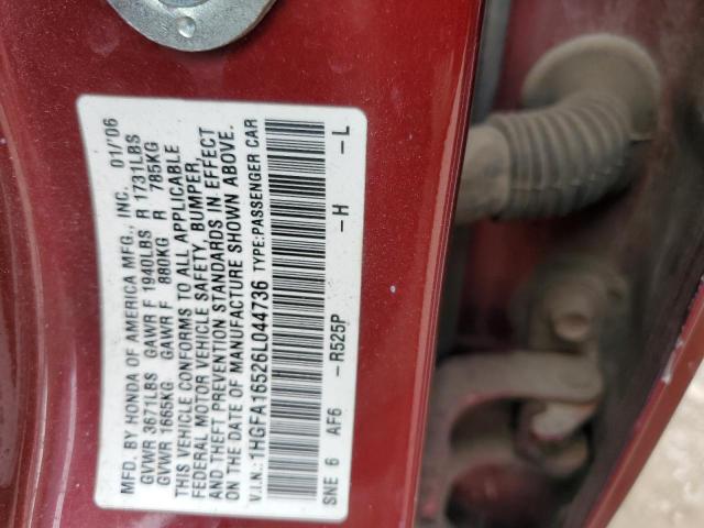 1HGFA16526L044736 - 2006 HONDA CIVIC LX BURGUNDY photo 12