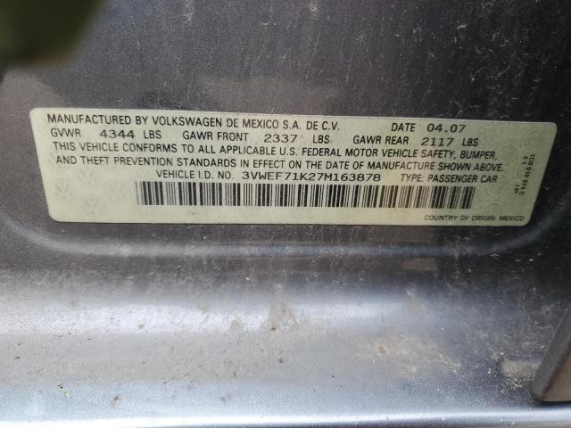 3VWEF71K27M163878 - 2007 VOLKSWAGEN JETTA WOLFSBURG 灰色 照片 12