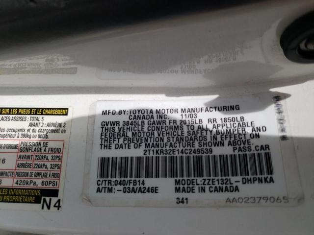 2T1KR32E14C249539 - 2004 TOYOTA COROLLA MA XR WHITE photo 12