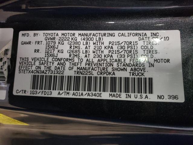 5TETX4CN3AZ731322 - 2010 TOYOTA TACOMA ACCESS CAB ნაცრისფერი ფოტო 12