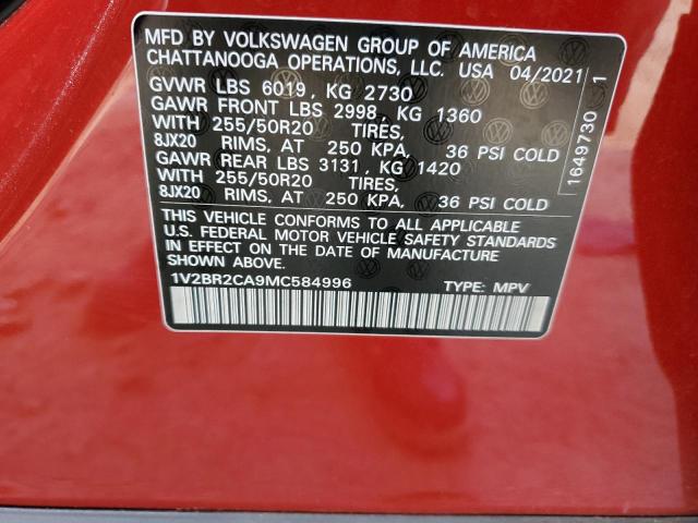 1V2BR2CA9MC584996 - 2021 VOLKSWAGEN ATLAS SEL BURGUNDY photo 14