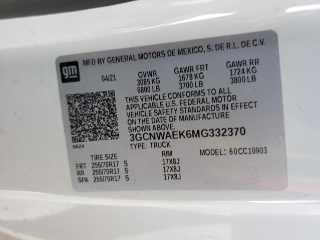 3GCNWAEK6MG332370 - 2021 CHEVROLET SILVERADO C1500 WHITE photo 12