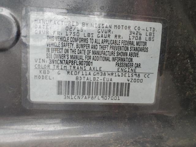 3N1CN7AP8FL907001 - 2015 NISSAN VERSA S GRAY photo 12