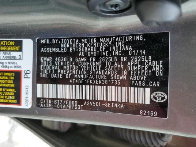 4T4BF1FKXER381735 - 2014 TOYOTA CAMRY L GRAY photo 12