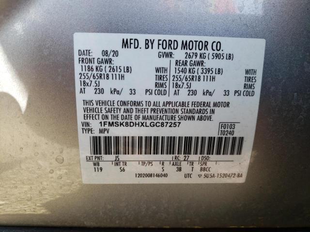 1FMSK8DHXLGC87257 - 2020 FORD EXPLORER XLT ვერცხლისფერი ფოტო 13