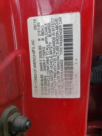 19UUB2F60KA004552 - 2019 ACURA TLX TECHNOLOGY RED photo 12