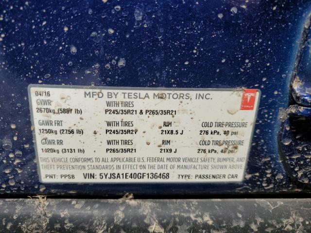 5YJSA1E40GF136468 - 2016 TESLA MODEL S Կապույտ լուսանկար 12