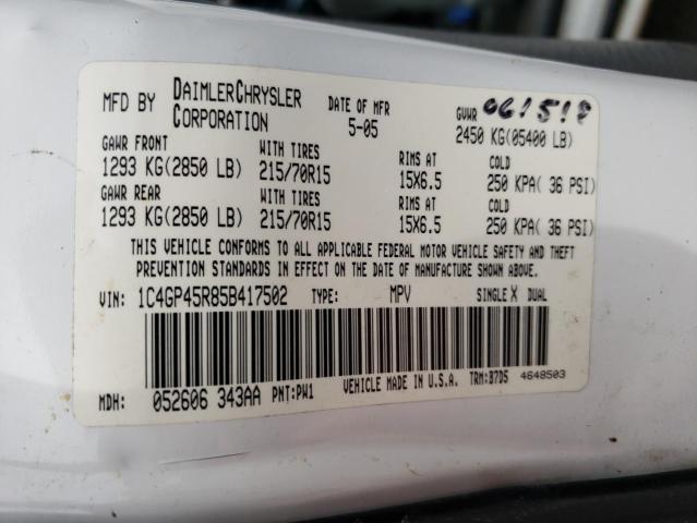 1C4GP45R85B417502 - 2005 CHRYSLER TOWN & COU თეთრი ფოტო 13