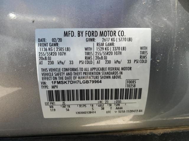 1FMSK7DH7LGB79964 - 2020 FORD EXPLORER XLT SILVER photo 13