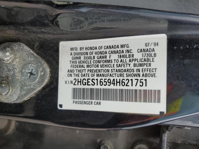 2HGES16594H621751 - 2004 HONDA CIVIC LX BLACK photo 13