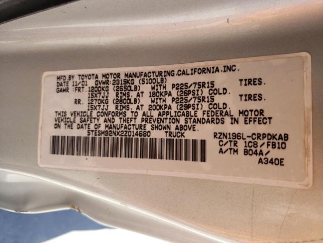 5TESM92NX2Z014680 - 2002 TOYOTA TACOMA XTRACAB PRERUNNER 银色 照片 12