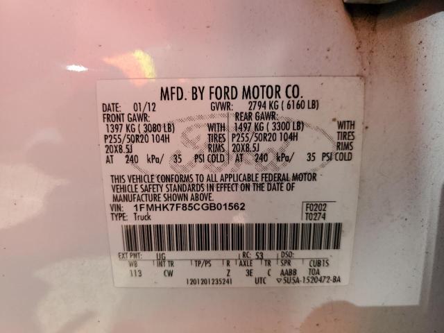 1FMHK7F85CGB01562 - 2012 FORD EXPLORER LIMITED WHITE photo 13