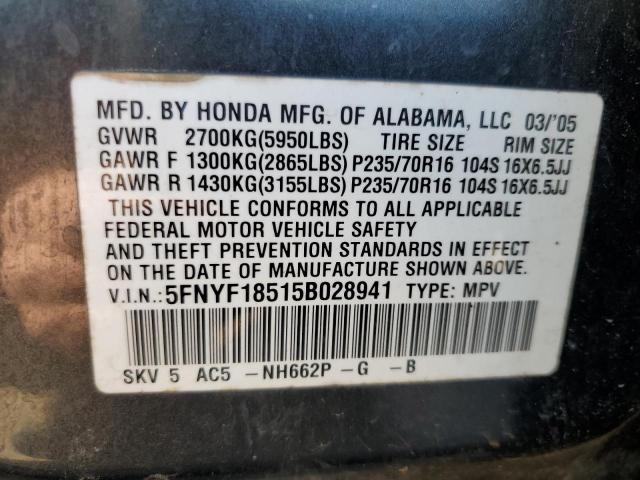 5FNYF18515B028941 - 2005 HONDA PILOT EXL GRAY photo 13