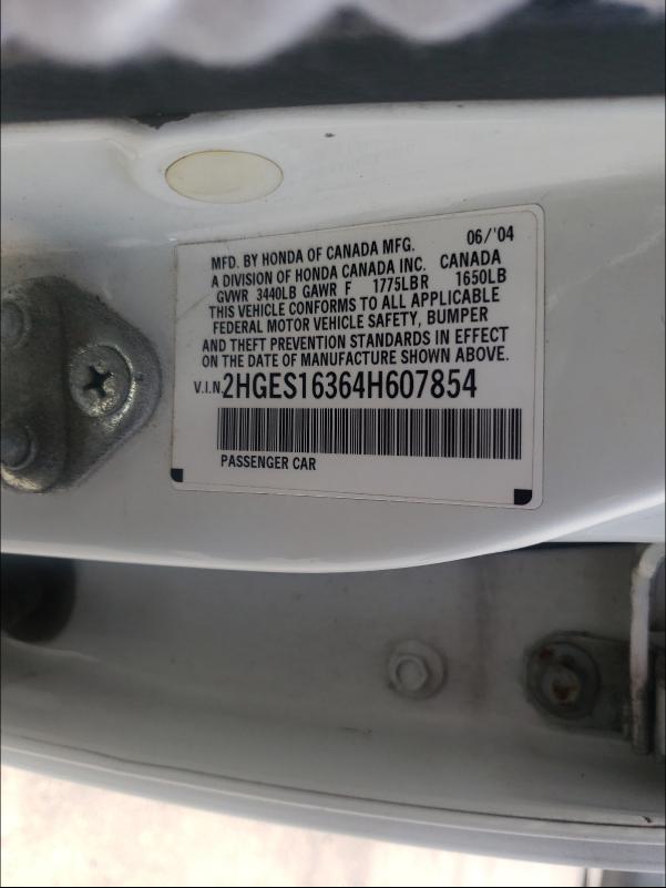 2HGES16364H607854 - 2004 HONDA CIVIC DX VP თეთრი ფოტო 10