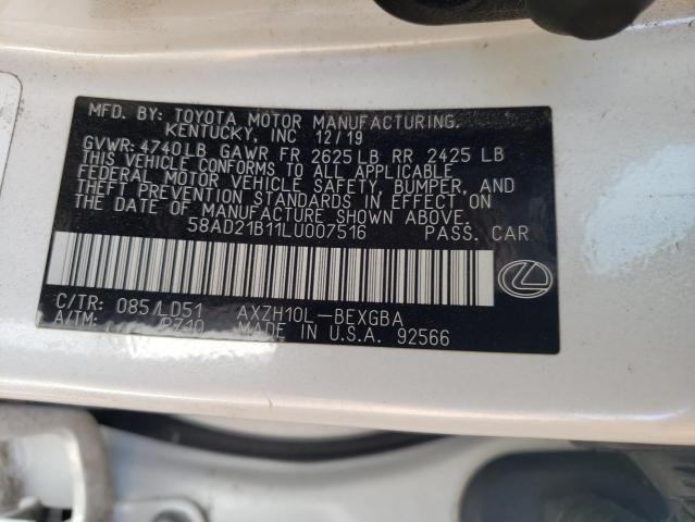 58AD21B11LU007516 - 2020 LEXUS ES 300H WHITE photo 12