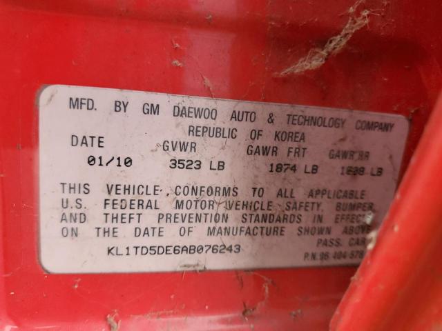 KL1TD5DE6AB076243 - 2010 CHEVROLET AVEO LS 红色 照片 12