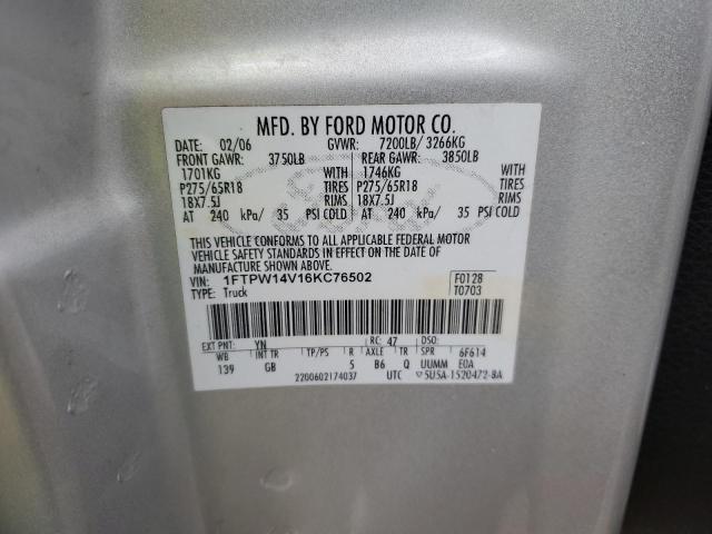 1FTPW14V16KC76502 - 2006 FORD F150 SUPERCREW SILVER photo 12