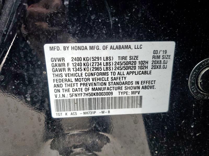 5FNYF7H50KB003009 - 2019 HONDA PASSPORT EXL أسود صورة 14