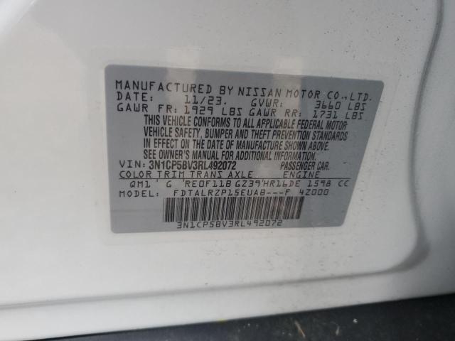 3N1CP5BV3RL492072 - 2024 NISSAN KICKS S WHITE photo 12